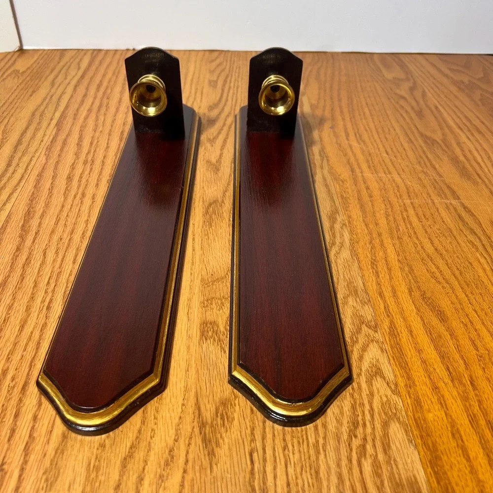 Vintage Pair Wood & Brass Wall Candle Sconces Federal Colonial Traditional Decor
